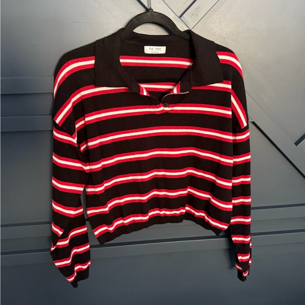 Tic Toc Women's Striped Button Down Shirt - Black and Red